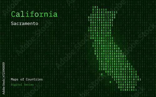 California Map Shown in Binary Code Pattern. Sacramento. Matrix numbers, zero, one. United States Vector Maps. Digital Series 