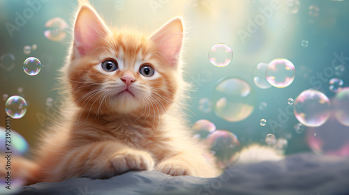 Adorable kitten and soap bubble, pet grooming and playful cat concept.