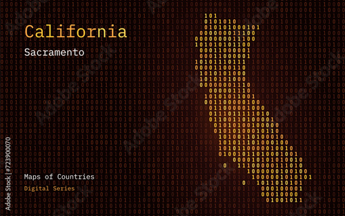 California Map Shown in Binary Code Pattern. Sacramento. Matrix numbers, zero, one. United States Vector Maps. Digital Series	