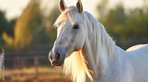 White horse standing in field with trees in background. This image can be used for various purposes