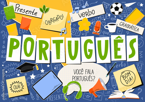 Portugues. Translate:" Portuguese. Present, verb, hi, thank you, Do you speak Portuguese, Good afternoon; grammar, but, I, What ?, one". 