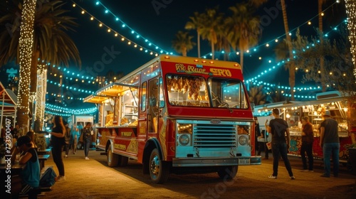 a colorful food truck in a festival at night