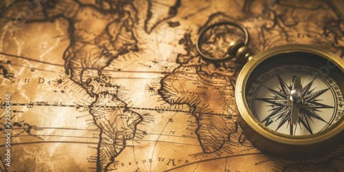 Vintage Compass Sits On An Antique World Map Banner Backdrop. Сoncept Travel Adventure, Vintage Decor, Antique Collectibles, Nostalgic Photography