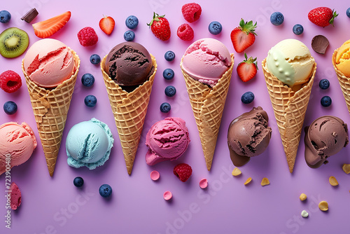  ice cream in pastel colours served in wafers with a variety of fruits and toppings.  AI generative.