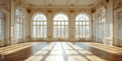 Vintagestyle Banquet Hall With Large Windows And Parquet Floor  Bathed In Light.   oncept Elegant Banquet Hall  Vintage D  cor  Sunlit Space  Parquet Flooring  Large Windows