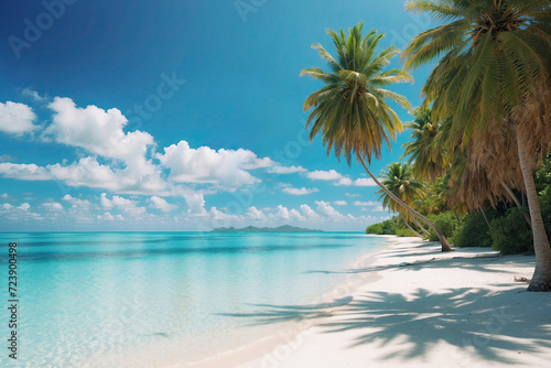 Beautiful natural tropical landscape  white sand beach and palm trees leaning over a calm wave. Turquoise ocean against a blue sky with clouds on a sunny summer day  Maldives island.
