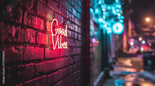 A neon sign that says "good vibes" on a street wall.