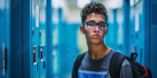 Young Student Feeling Isolated At School Due To Discrimination Near A Locker. Сoncept Bullying, Discrimination At School, Isolation, Student Mental Health, Locker Room Experiences photo