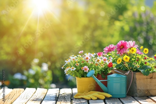 colorful flower pots with watering can