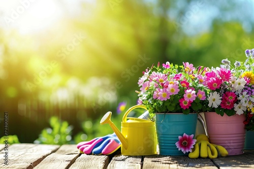 colorful flower pots with watering can