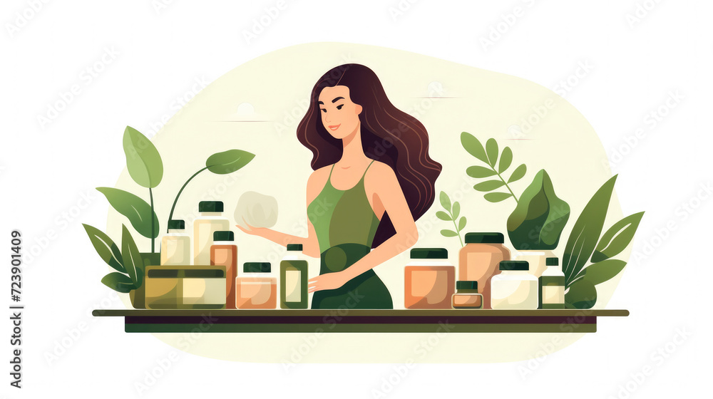 Woman standing in front of counter with bottles of cosmetics. Ideal for beauty and skincare-related projects