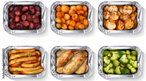 Collection of tin foil containers filled with different types of food. Perfect for food packaging and takeaway services