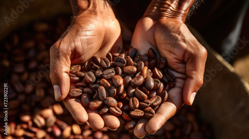 Person holding bunch of coffee beans. This image can be used to showcase process of coffee bean harvesting or for coffee-related articles and marketing materials