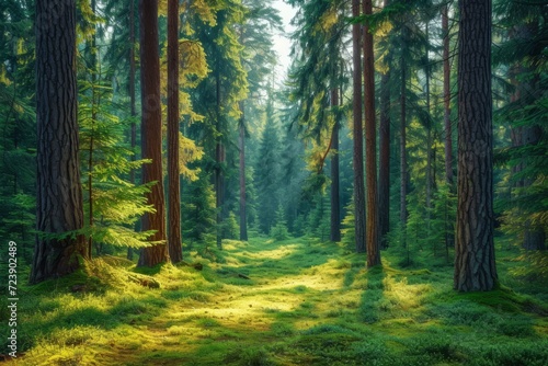 The sun shines through the tall trees in the lush green forest photo