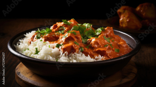 Bowl filled with rice and meat covered in sauce. Perfect for food enthusiasts and recipe ideas