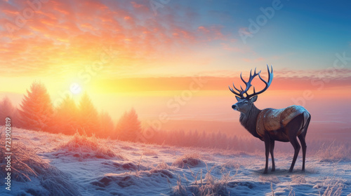 Deer standing on top of snow covered hillside. Perfect for winter-themed designs and nature illustrations