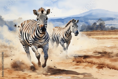 Zebras Racing Across Dusty Plains.