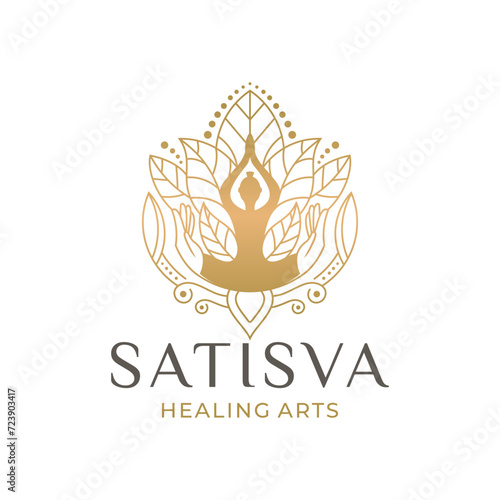  Satisva healing arts logo design. Healing yoga poses women icons decoration with flowers pattern illustration. Yoga poses woman silhouette.