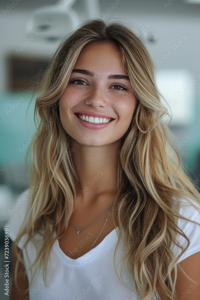 white teeth happy woman smiling nice clean room bright