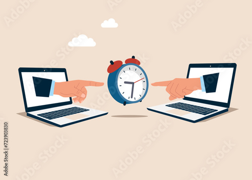 Two human hands and clock. Self discipline or self control to complete work. Flat vector illustration