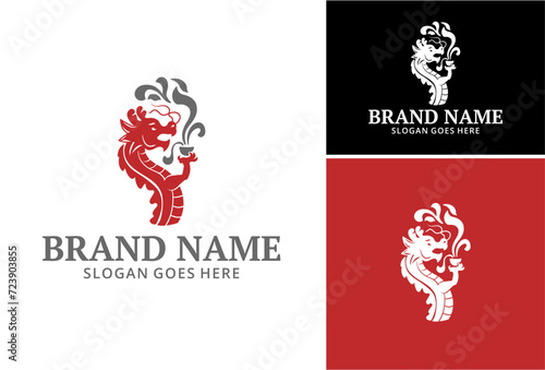 Dragon image, dragon holding a cup. Design for business company, Logo for restaurant or cafe. Emblem logo set.
