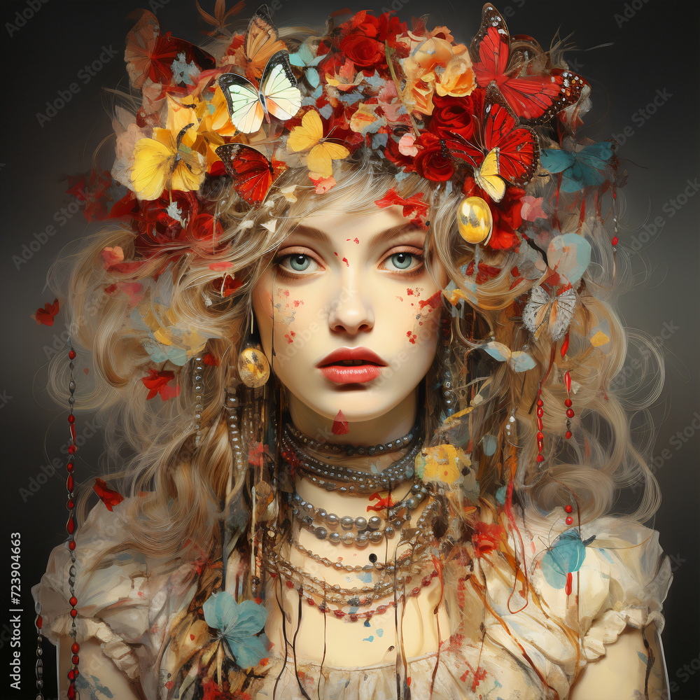 portrait of a woman with hairstyle, butterflies in the hair portrait of a woman with hairstyle, butterflies in the hair