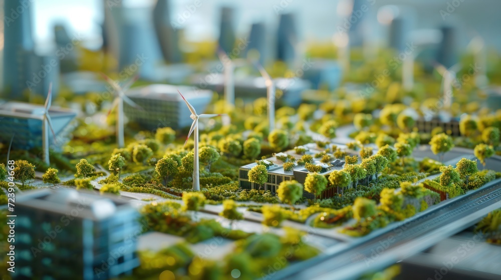 Close-up of a sustainable urban development model, miniature wind turbines and green rooftops visible