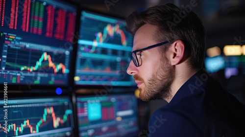 Close-up of a stock market trader monitoring multinational corporation stocks, screens showing international indices photo