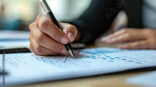 Close-up of a policy maker's hand writing notes on a report about quantitative easing measures