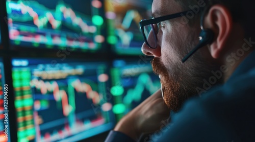 Close-up of a stock market trader monitoring multinational corporation stocks, screens showing international indices