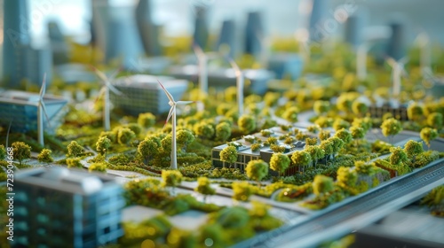 Close-up of a sustainable urban development model, miniature wind turbines and green rooftops visible photo