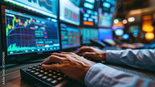 Close-up of a trader's hands typing rapidly on a keyboard, multiple stock market screens in background