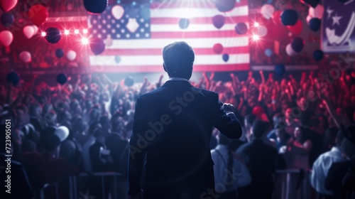 Depiction of a candidate's political rally with a keynote speech, large banners, and an energetic crowd showing support, festive and powerful