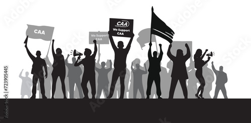 group of people protest we support CAA banner vector silhouette illustration