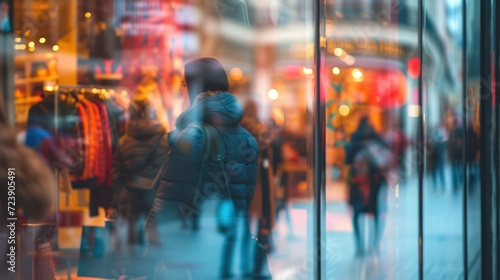 Detailed view of a storefront window in a busy shopping district, reflections of diverse shoppers photo
