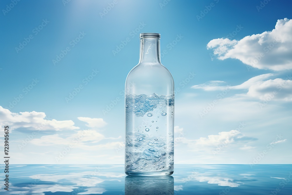 bottle of water with glass against the sky background bottle of water with glass against the sky background