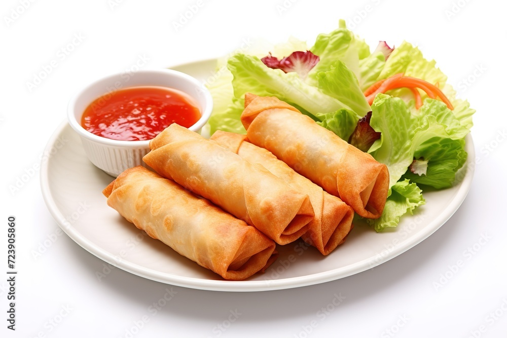 Delicious Chinese fried spring roll on a white plate with a red dipping sauce and salad. Isolated on a white background Delicious Chinese fried spring roll on a white plate with a red dipping sauce and salad. Isolated on a white background