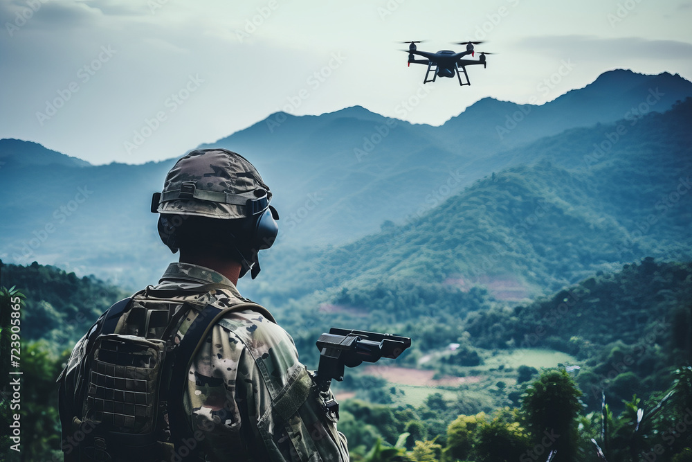 Soldier Operating Drone in Mountainous Terrain. Soldier Operating Drone in Mountainous Terrain.