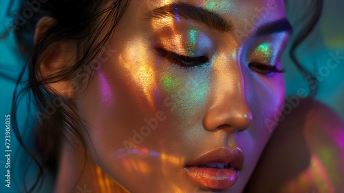 portrait of a woman with glamorous makeup, prism shinning on the face