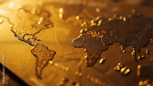 Macro shot of a gold credit card with a world map design, symbolizing global finance photo