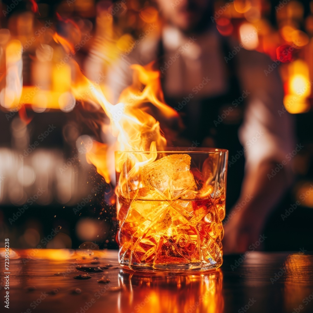A fiery cocktail in a glass on a bar, with a bartender in the background. The flames create a warm and festive atmosphere.