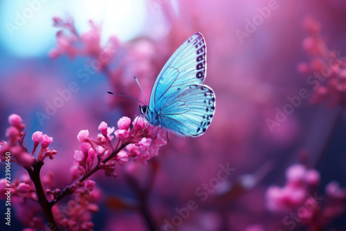 Beautiful blue butterfly perched on top of delicate pink flower. Perfect for nature lovers and garden enthusiasts