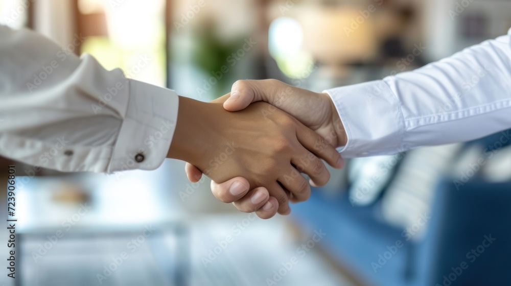 Zoomed-in image of a handshake between a real estate agent and a client, property listings in the background