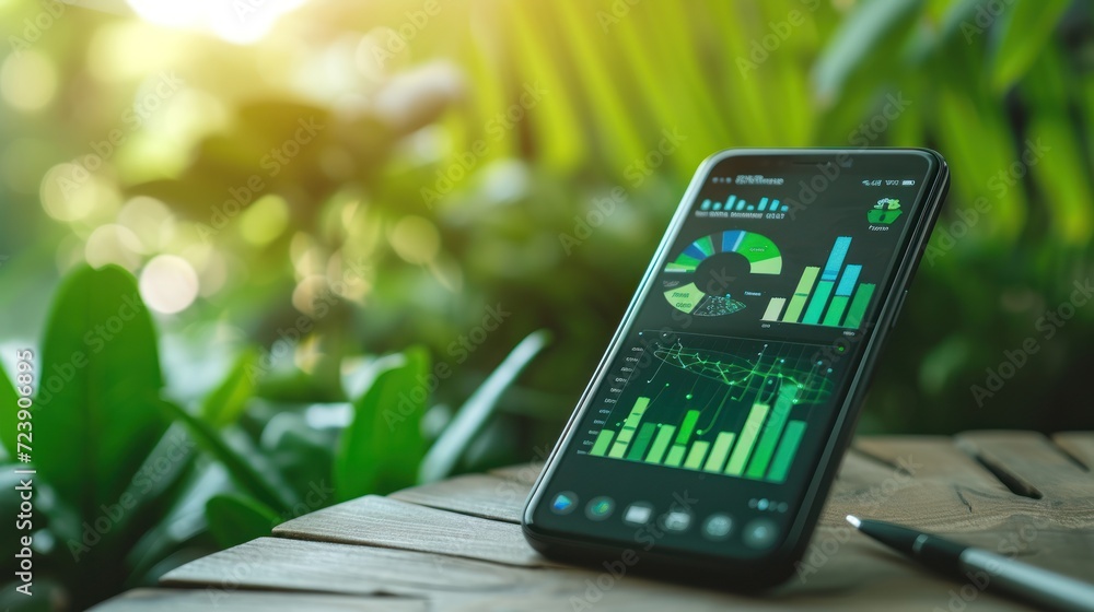 Zoomed-in image of a smartphone displaying an app for tracking personal carbon footprint, green investments in the backdrop - obrazy, fototapety, plakaty 