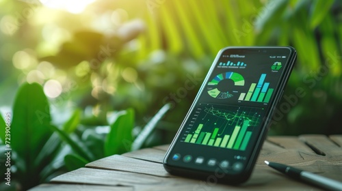 Zoomed-in image of a smartphone displaying an app for tracking personal carbon footprint, green investments in the backdrop photo