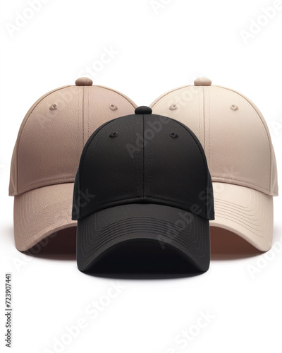 two baseball caps, one in black and the other in a light beige color.