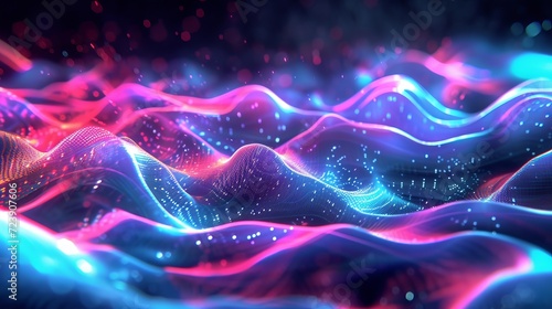 Digital pink and purple waves. Shiny  iridescent background.