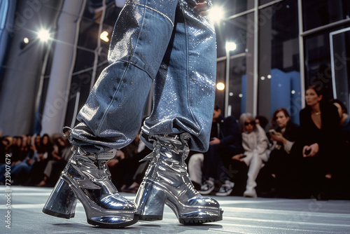 Glamorous Silver Platform Boots Strutting the Runway, Fashion Show Statement Footwear
