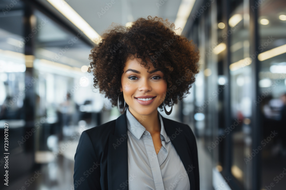 Fototapeta premium Woman standing in office with smile on her face. Suitable for business-related content