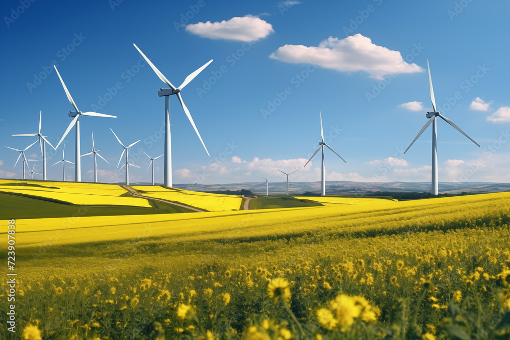 Windmills between agricultural fields with rapeseed plantations Windmills between agricultural fields with rapeseed plantations